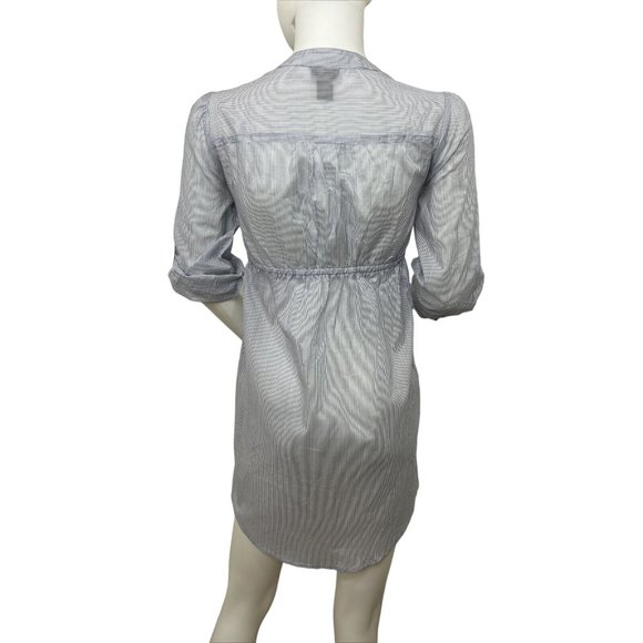 H&M Women’s Mini Dress 2 Blue Button Down 3/4 Sleeve Roll Tab Band Collar VNeck - Picture 4 of 13